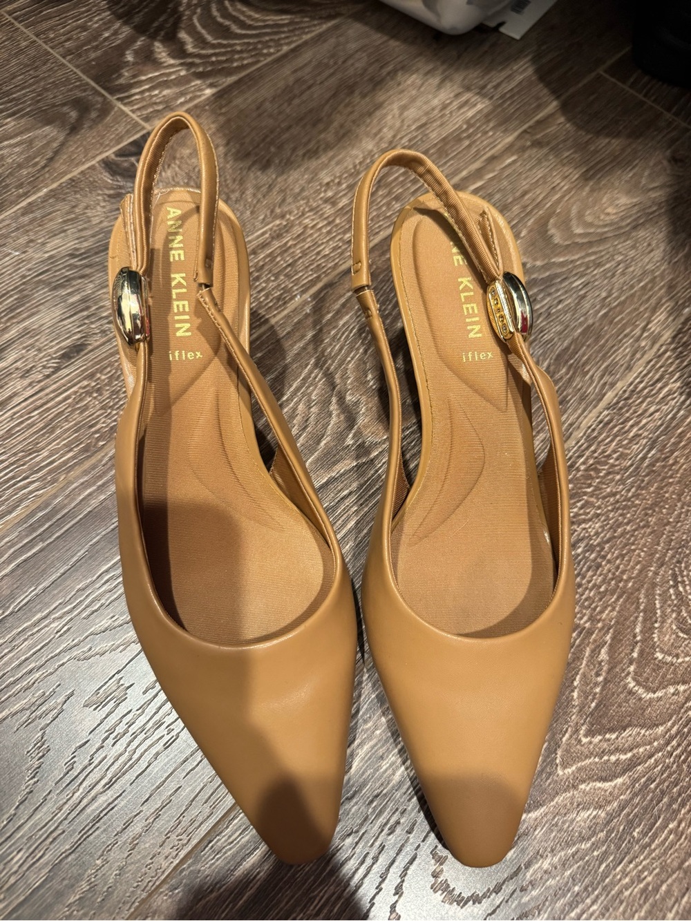 Anne Klein Camel Slingback Pointed-Toe Flats with Gold Accent